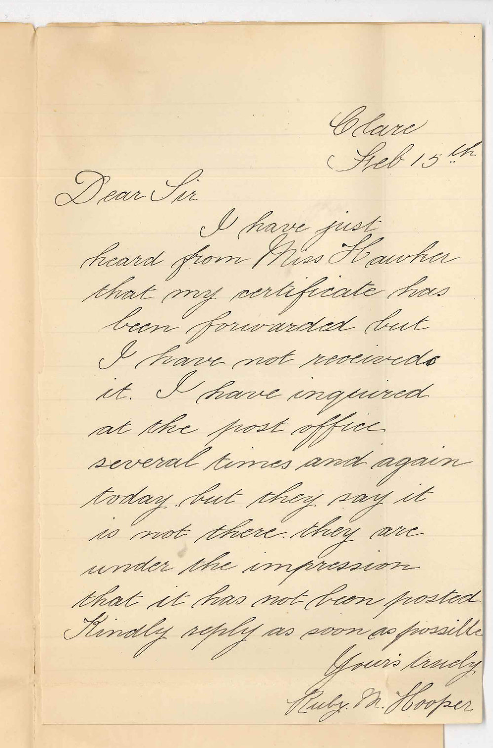 Ruby May Hooper - Clare - Concerning Music Certificate