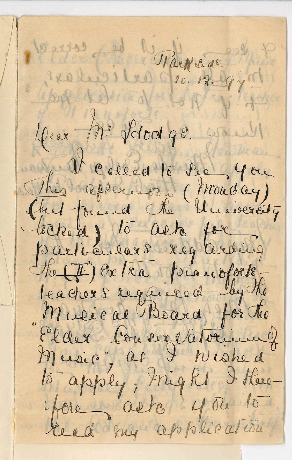 Miss Maude Evelyn Newman - Parkside - Application for position of one of the extra Teachers of Pianoforte Playing
