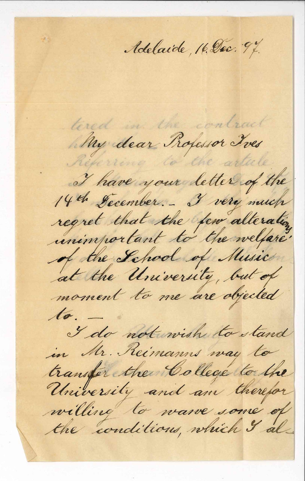 Hermann Kugelberg - Adelaide - Forwarding draft Agreement asking that violoncello be included in Scholarship