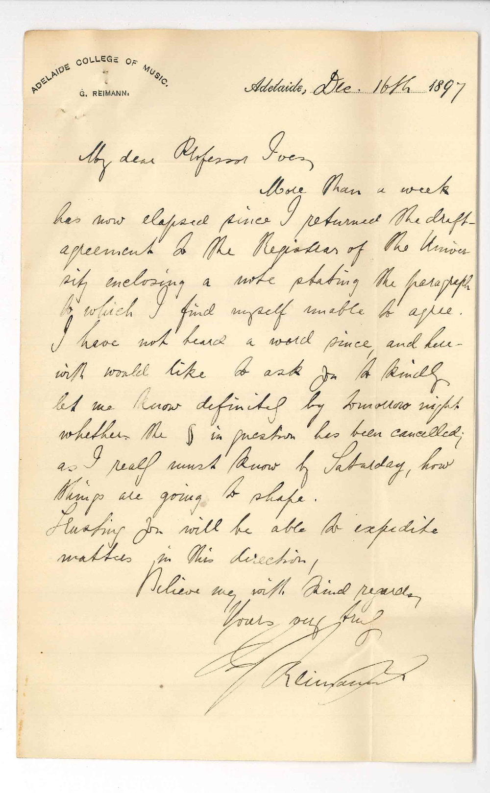 Herr Reimann - Adelaide College of Music - To Professor Ives and the Registrar - Forwarding draft Agreement with request for Clause 10 to be erased and that negotiations be completed at once