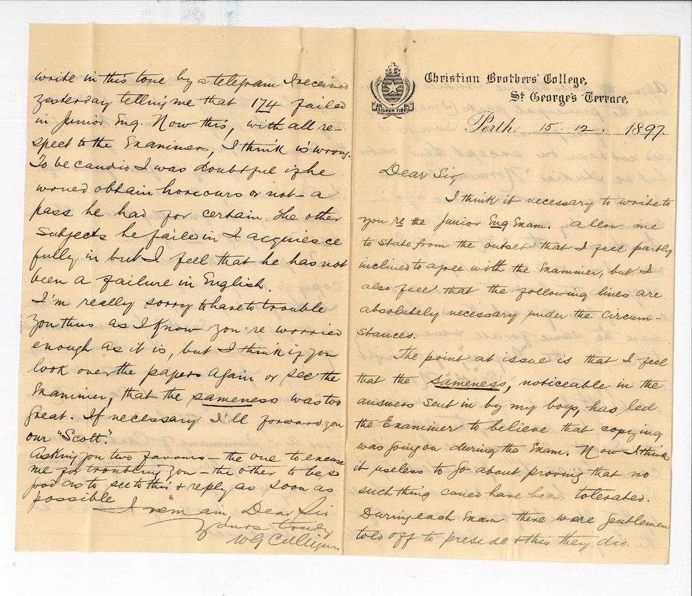 Reverend W G Culligan - Christian Brothers' College - Perth - Regarding failure of candidates in the Junior and Senior Public Exams
