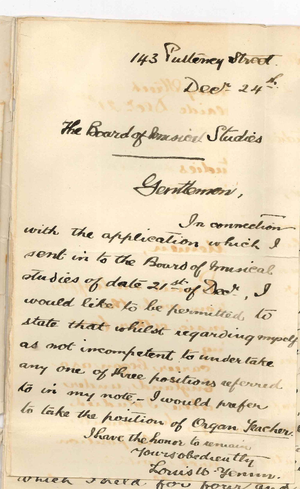 Louis W Yemm - Adelaide - Application for position Organ Pianoforte or Singing