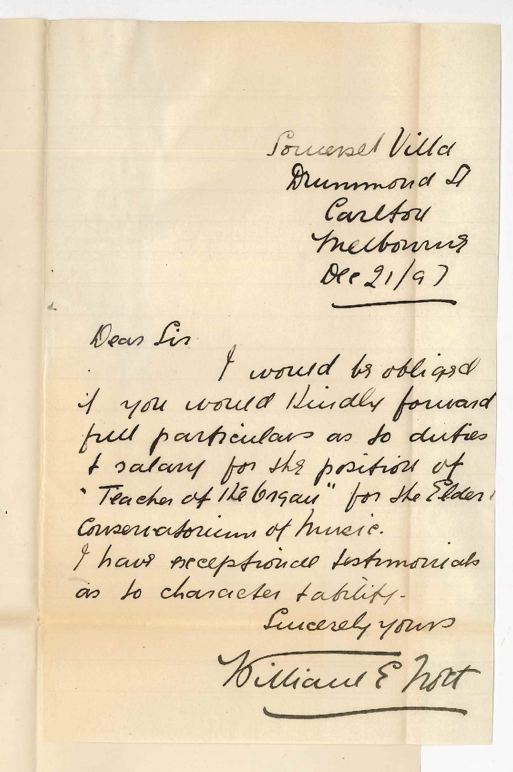 William E Nott - Carlton Melbourne - Request for information as to duties and salary of the teacher organ