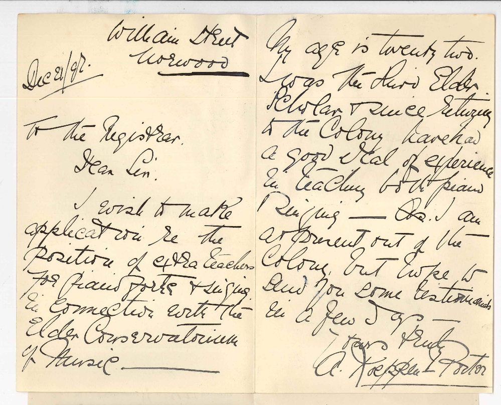 Miss A K Porter - Norwood - Application for position Teacher Piano and Singing Conservatorium of Music