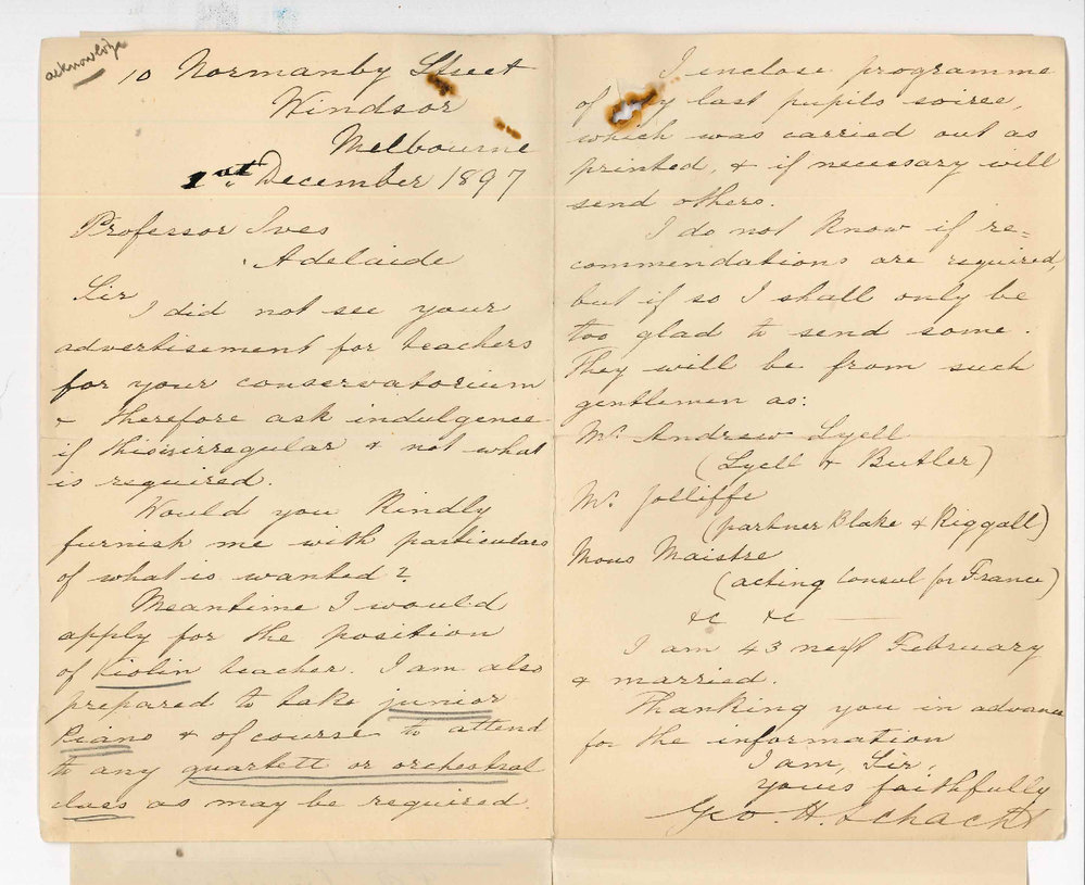 George H Schacht - Windsor Melbourne - Application for position as teacher of violin piano quartelle or orchestral in Conservatorium