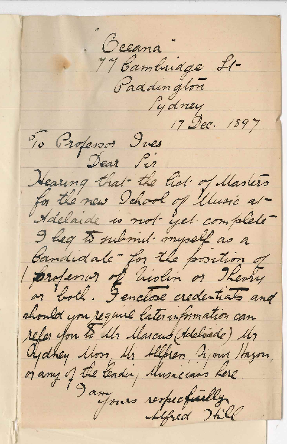 Alfred Hill - Sydney - Application for position as Teacher of Violin and or Theory in the Conservatorium