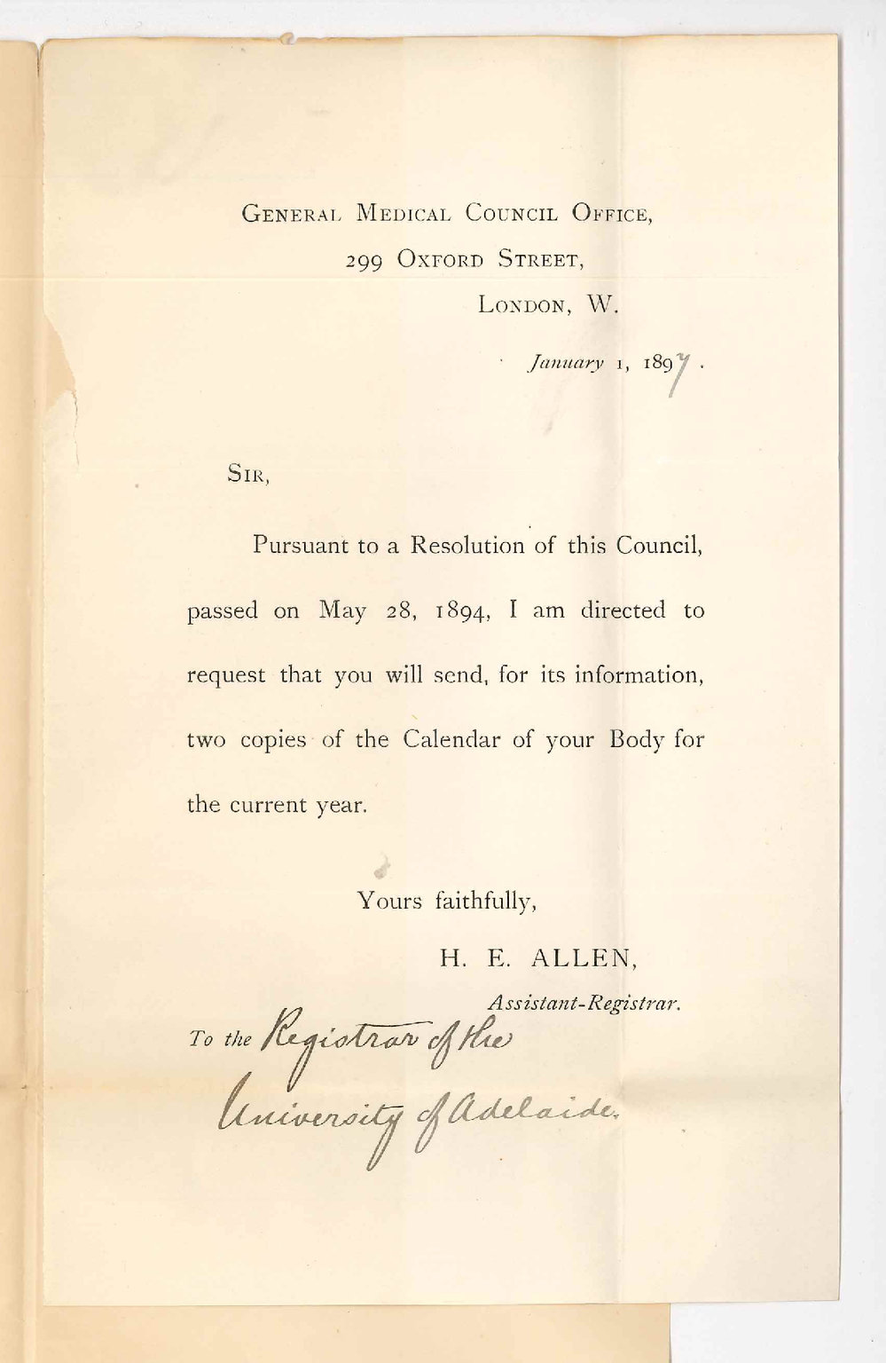 General Medical Council - London - Asking for two copies of Calendar