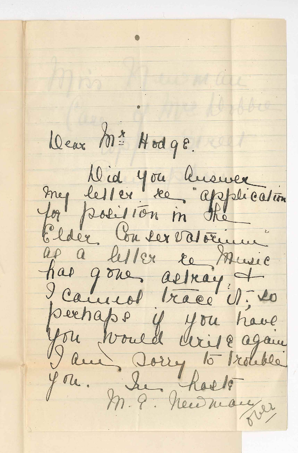 Miss Maude Evelyn Newman - Semaphore - Asking if application for position in Conservatorium had been received