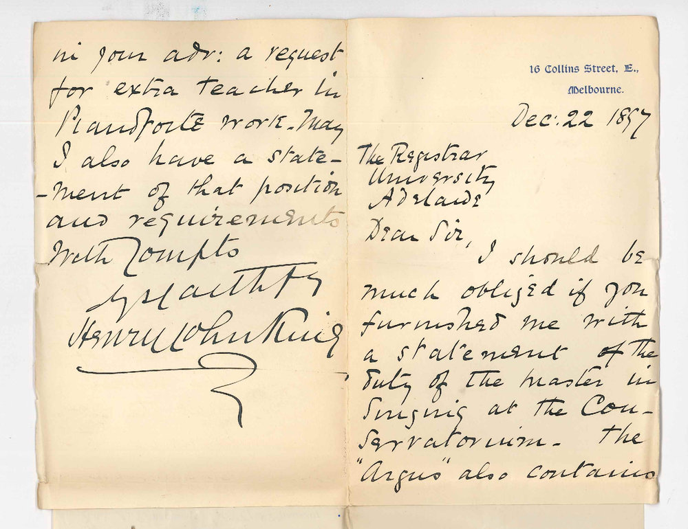 Henry John King - Melbourne - Information concerning duties of teachers of singing and piano for the Conservatorium