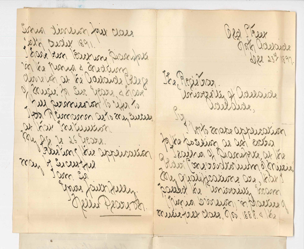 Nellie Pearson - North Adelaide - Application for position as Extra Teacher of pianoforte