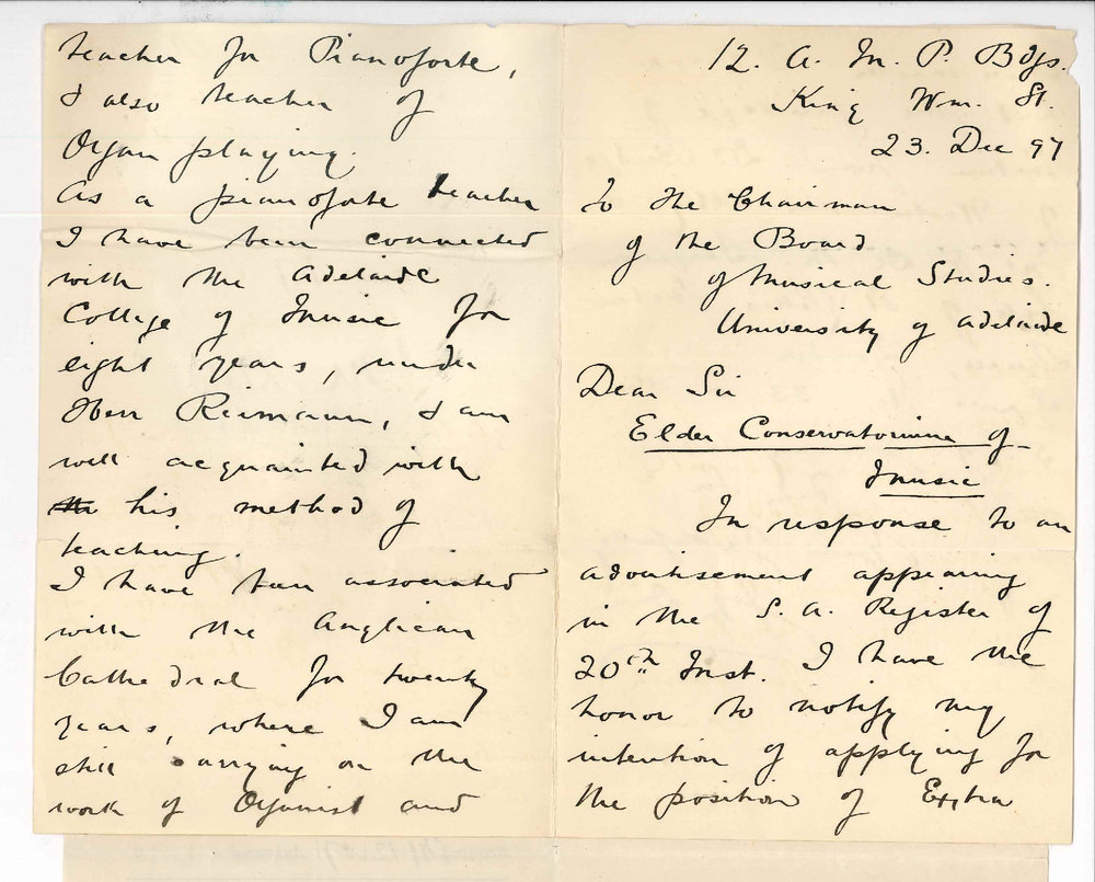 J M Dunn - Adelaide - To Professor Ives - Application for position as Teacher of pianoforte and organ in the Conservatorium