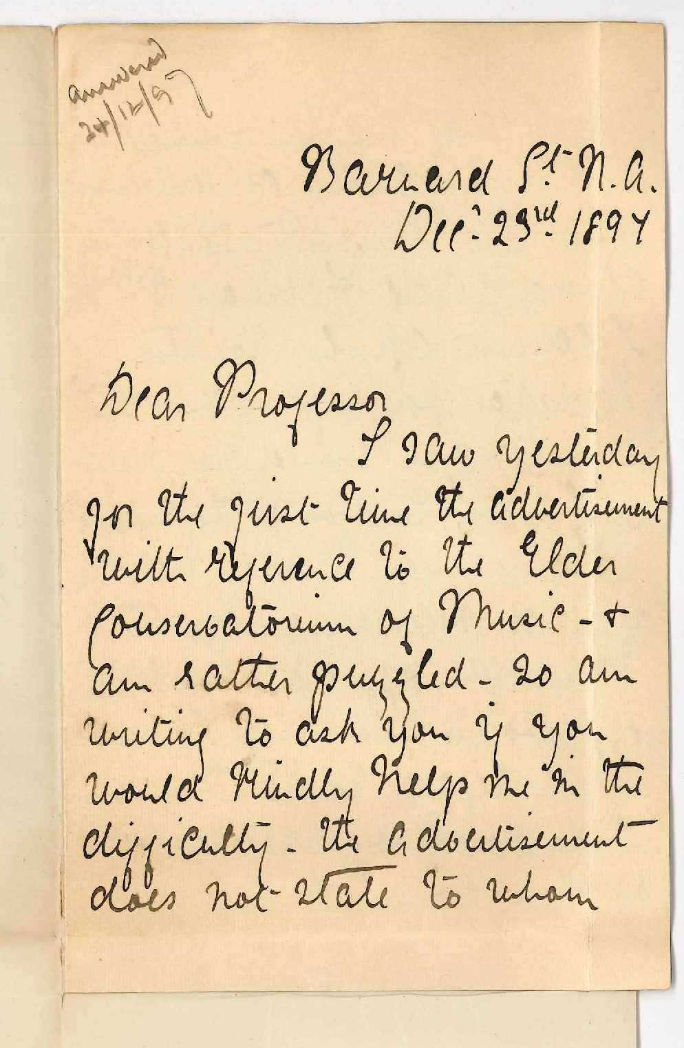 Mrs Ella King - North Adelaide - Application position in Conservatorium as Teacher of Pianoforte