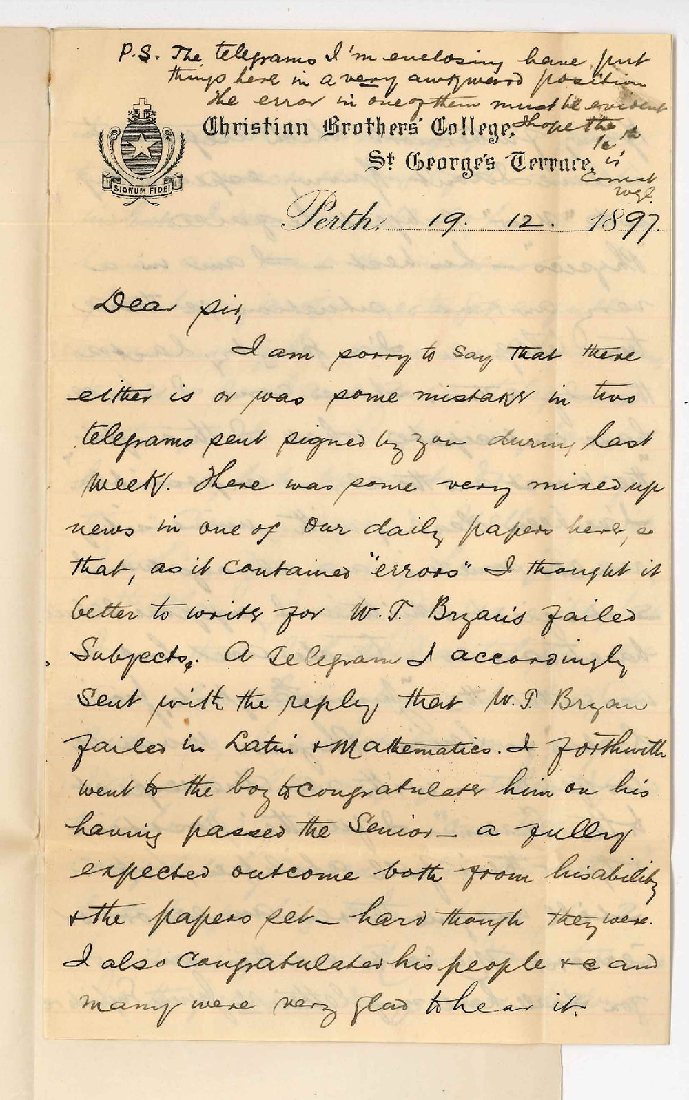 Reverend W G Culligan - Christian Brothers' College - Perth - Regarding failure of W J Bryan