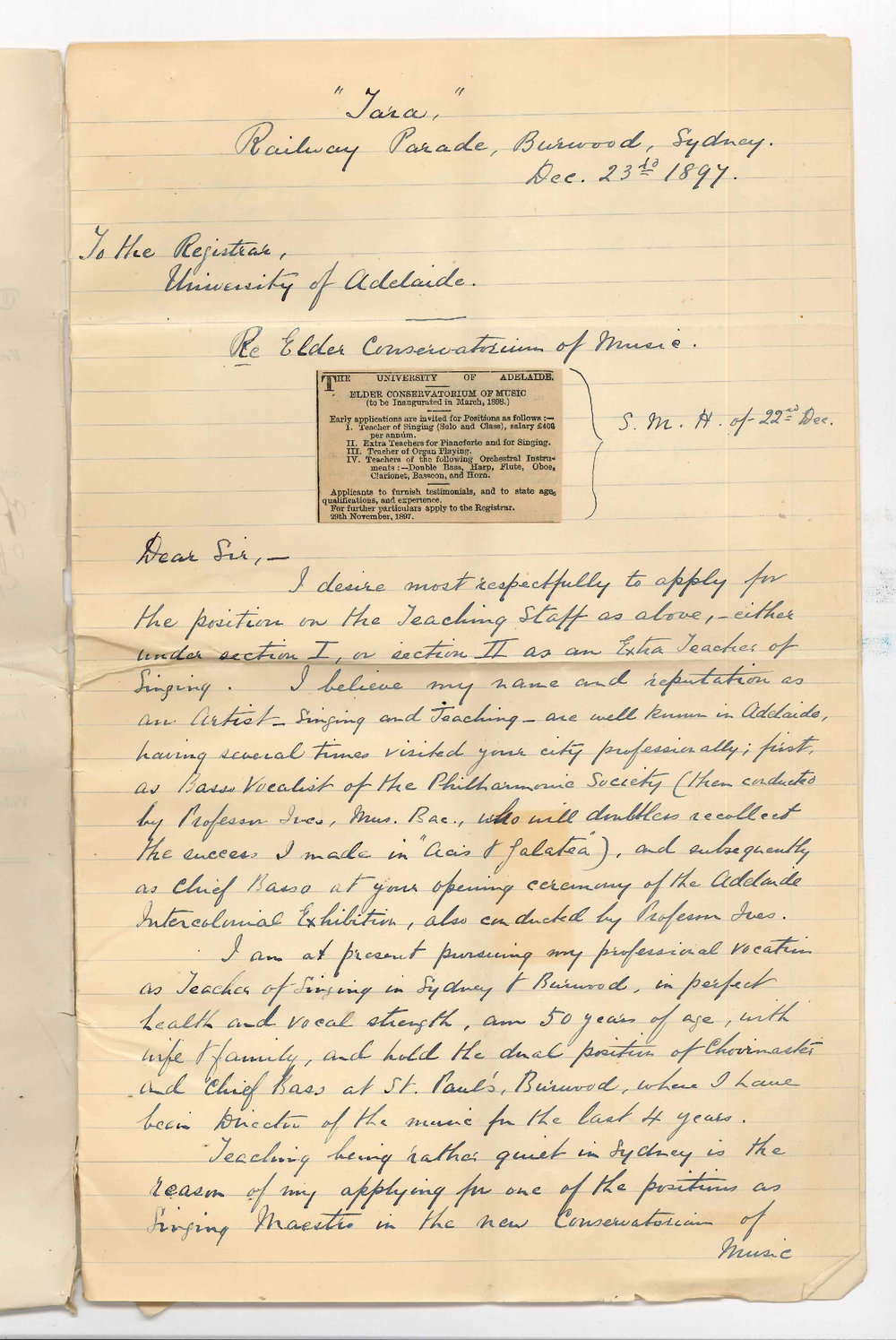 H Gordon Gooch ARAM - Sydney - Application as Teacher of Singing or Extra Teacher of Singing in the Elder Conservatorium