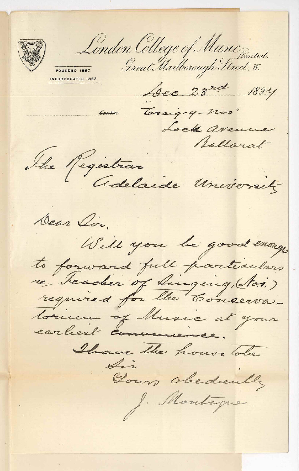 J Montague - Ballarat - Particulars Teacher of Singing No 1 for Conservatorium