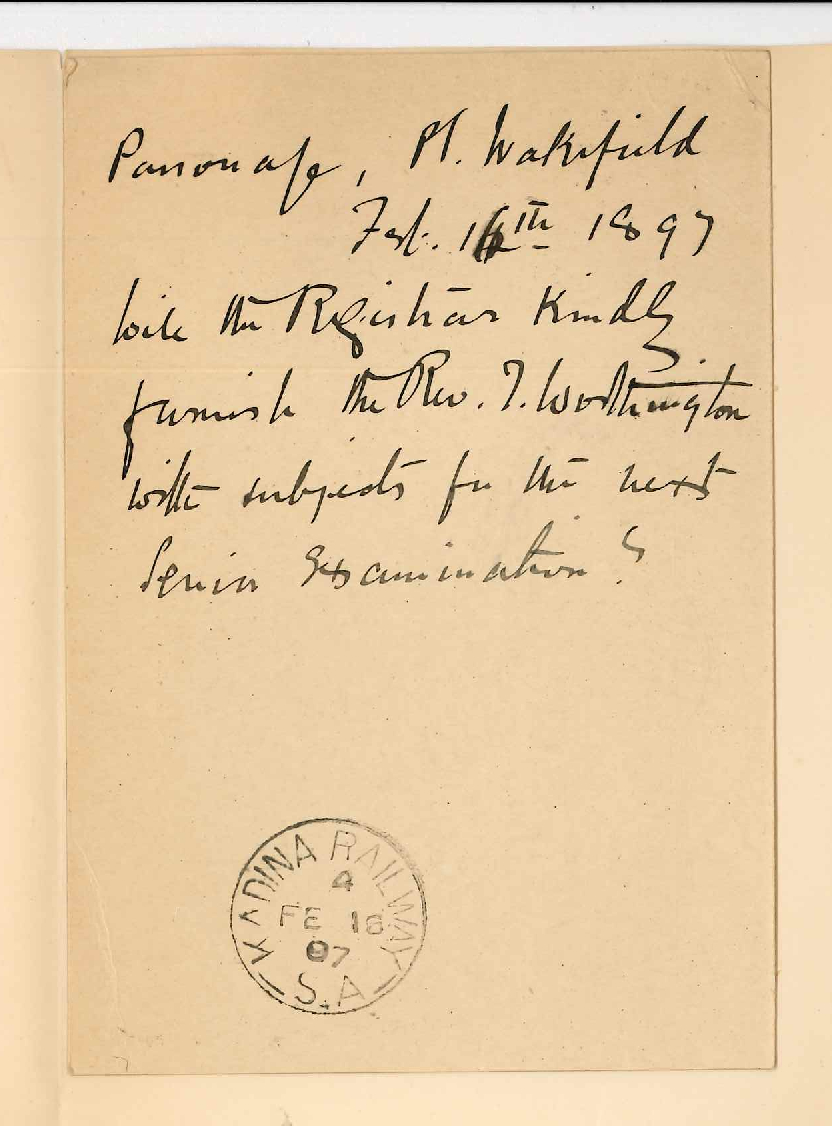 Reverend Thomas Worthington - Port Wakefield - Subjects for Senior Public Examination