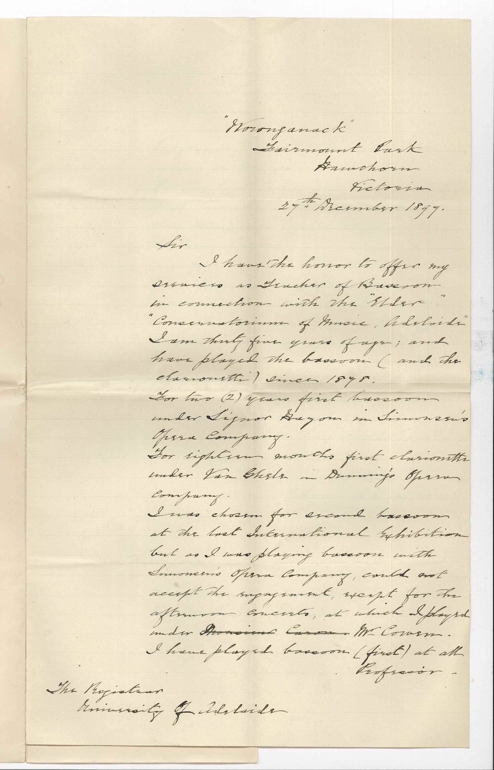 Edmund Lupton - Hawthorn Victoria - Application for position as Teacher of Bassoon in the Conservatorium