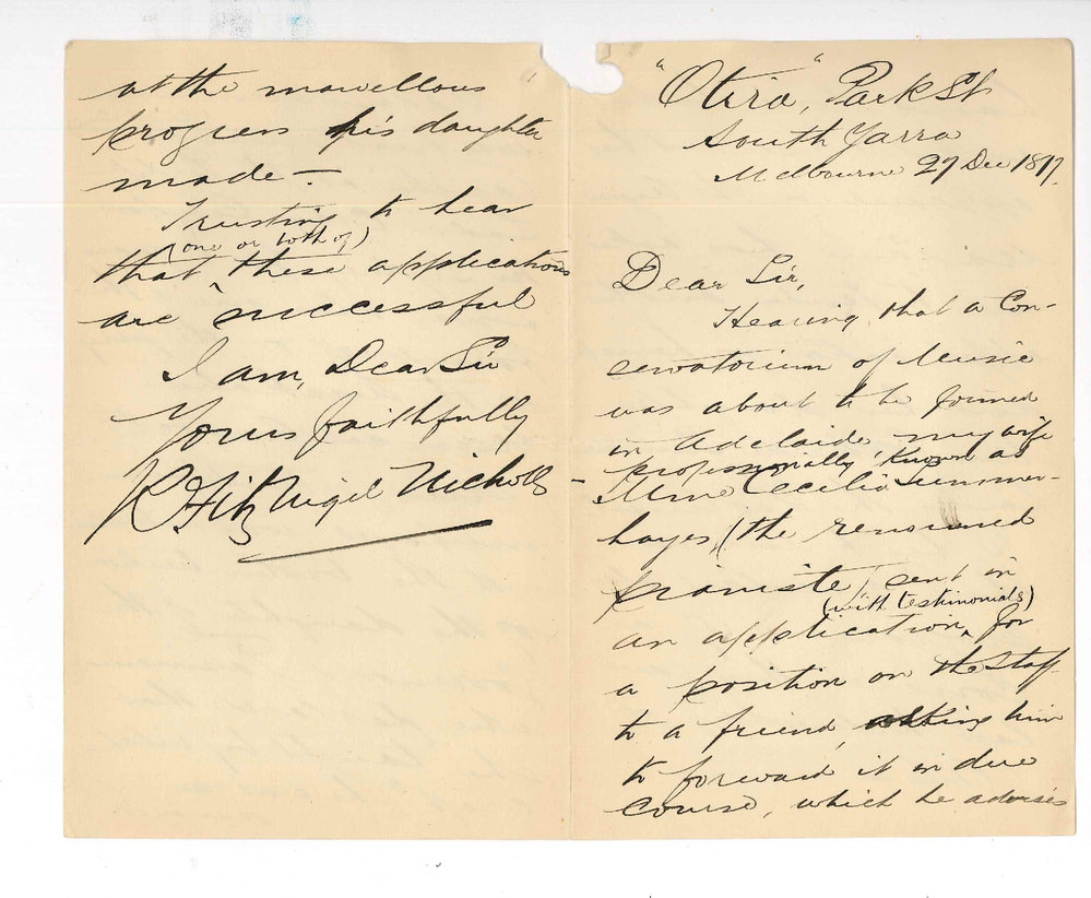 R Fitzgerald N Nicholls - South Yarra - Application of Teacher Violin on behalf Miss Summerhayes - Also on behalf of Madame Summerhayes as Teacher Pianoforte
