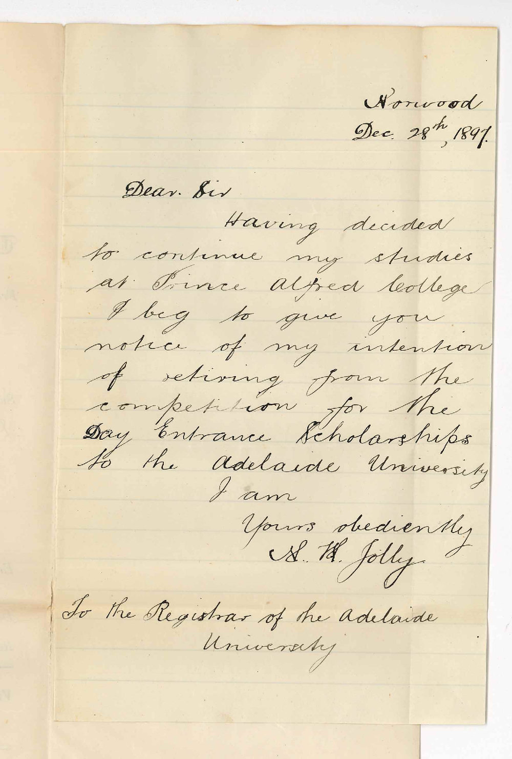 Norman William Jolly - Norwood - Retires from competition Day Entrance Scholarships