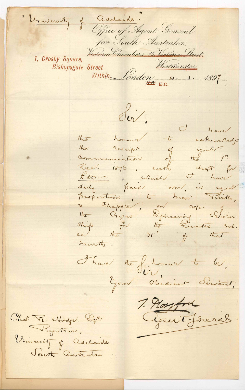 Thomas Playford - Agent General - London - Acknowledging Receipt of Draft
