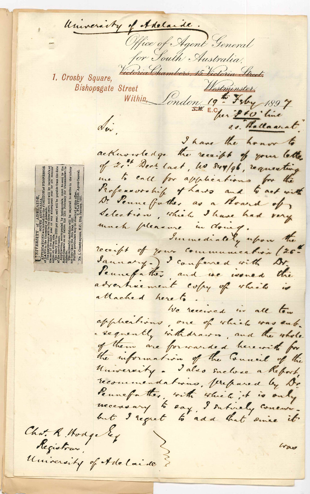 Thomas Playford - Agent General - London - Concerning Applications for position of Professor of Laws