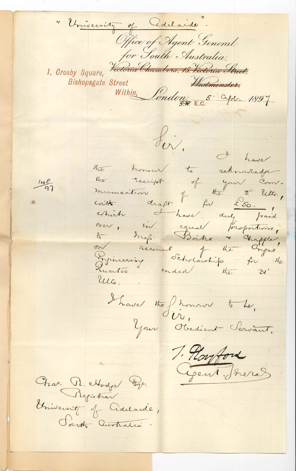 Thomas Playford - Office of the Agent General for South Australia - London - Acknowledging Draft &pound;50 Account Angas Engineering Exhibition