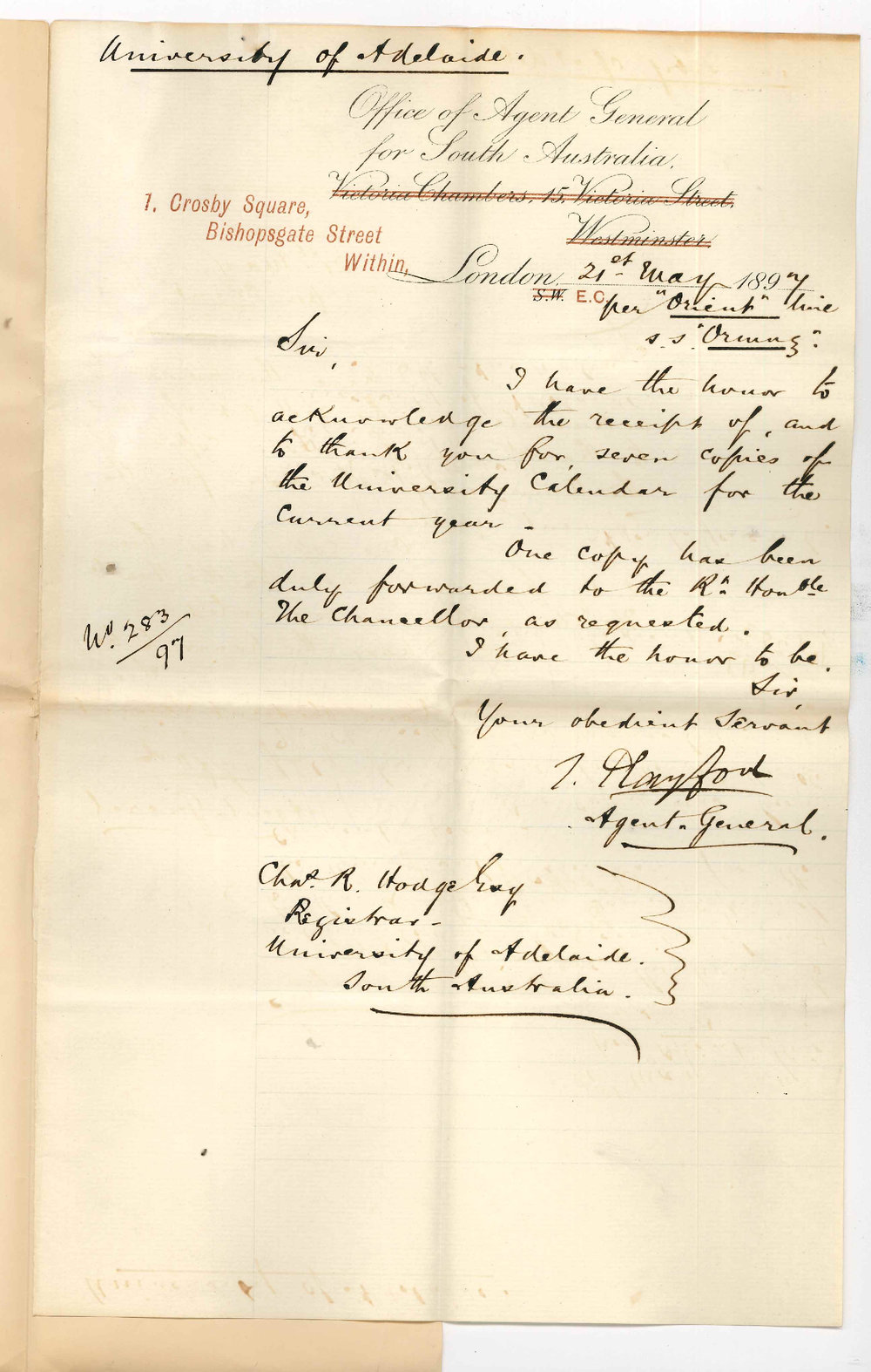 Thomas Playford - Office of the Agent General for South Australia - London - Thanking Registrar for Copies of Calendar