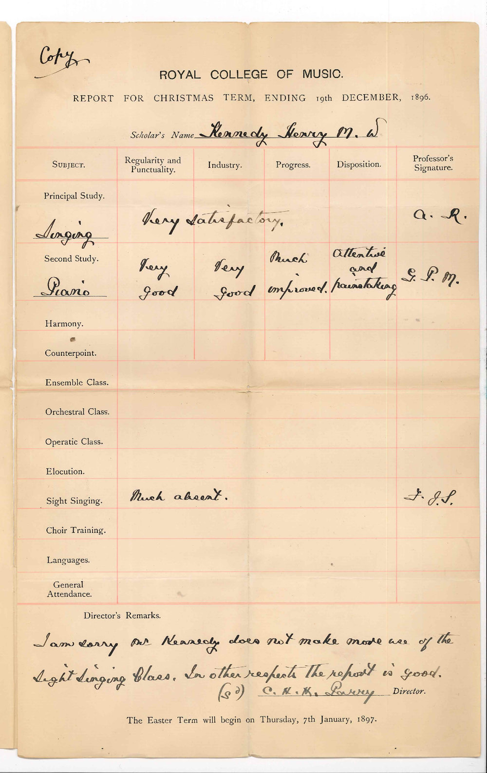 Charles Hubert Hastings Parry - Progress Report for Henry M W Kennedy