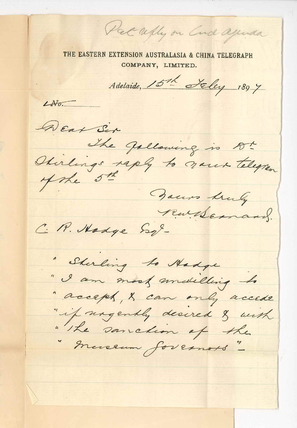 R Bernard - Eastern Extension Telegraph Company - Reply from Dr Stirling regarding cable