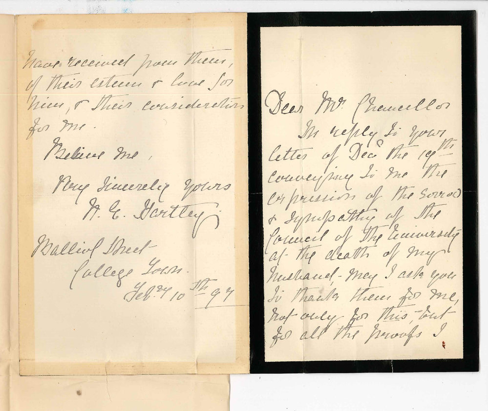 Mrs Elizabeth Annie Hartley - College Town - Thanking Council for letter of sympathy