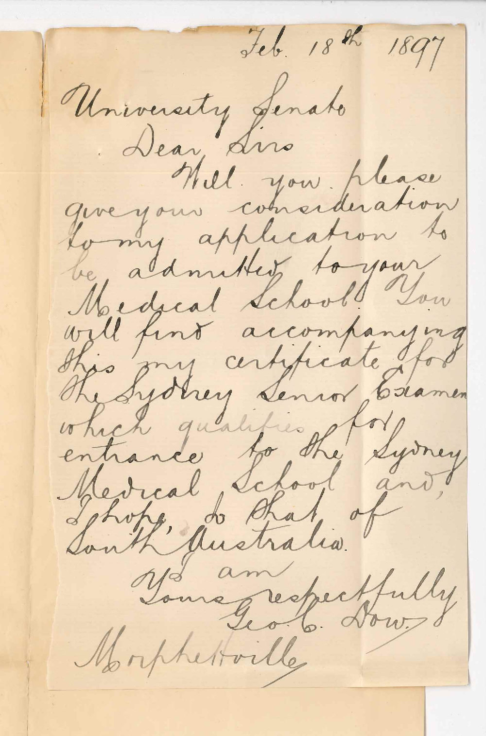 George C Dow - Morphettville - Asking to be admitted as a Medical Student