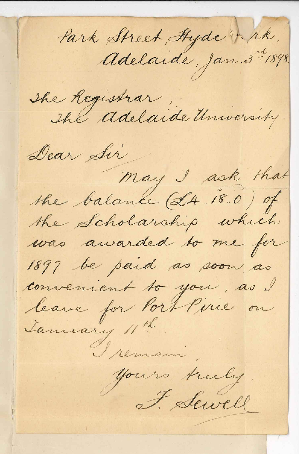 Frank Sewell - Hyde Park - Asking for balance of Scholarship