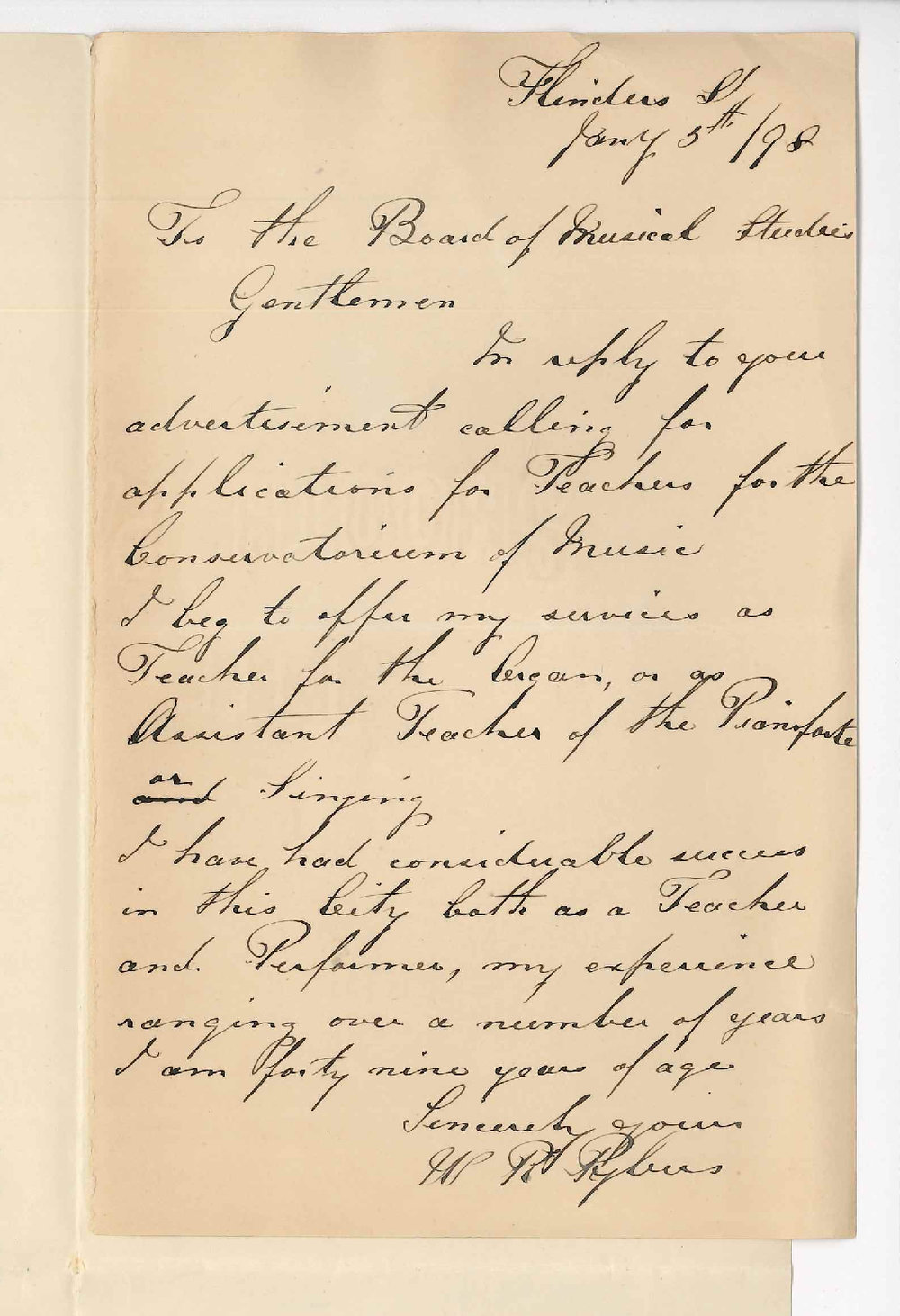 William Richard Pybus - Adelaide - Application as Teacher of Organ or Piano