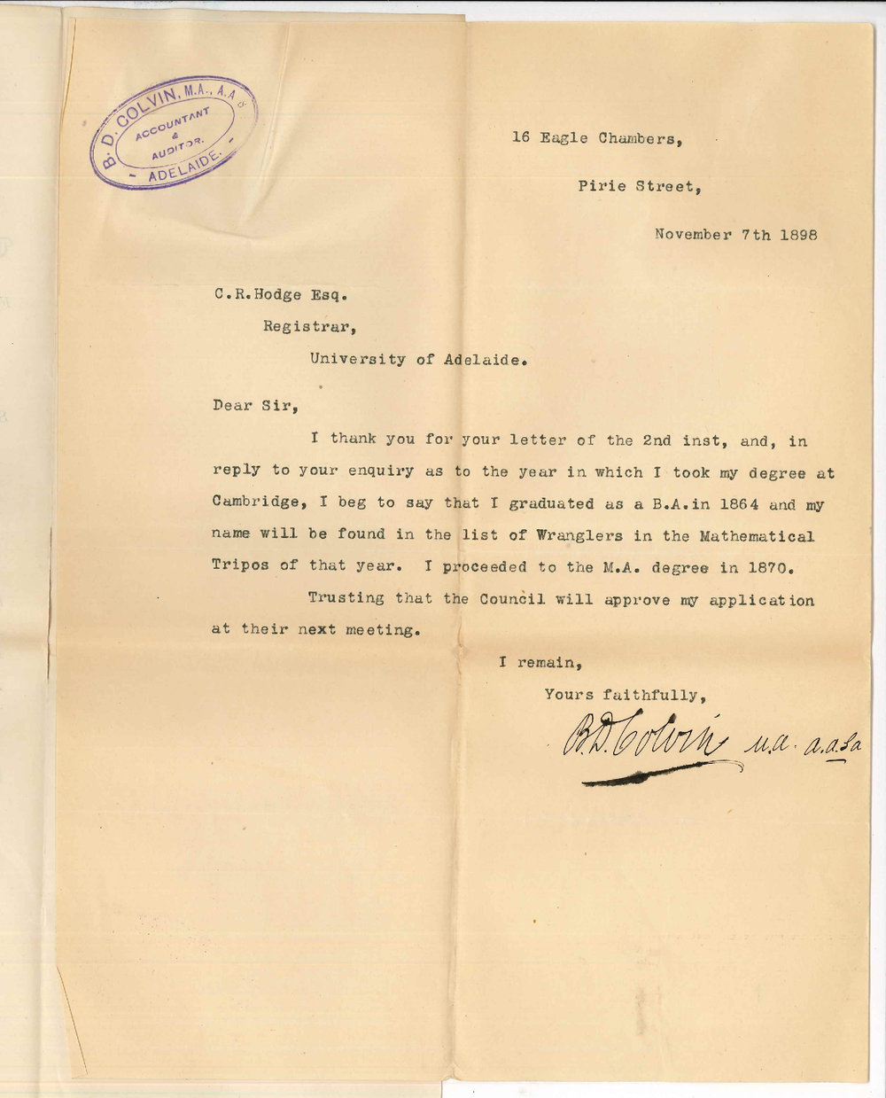 Bazett David Colvin MA - Adelaide - MA Degree