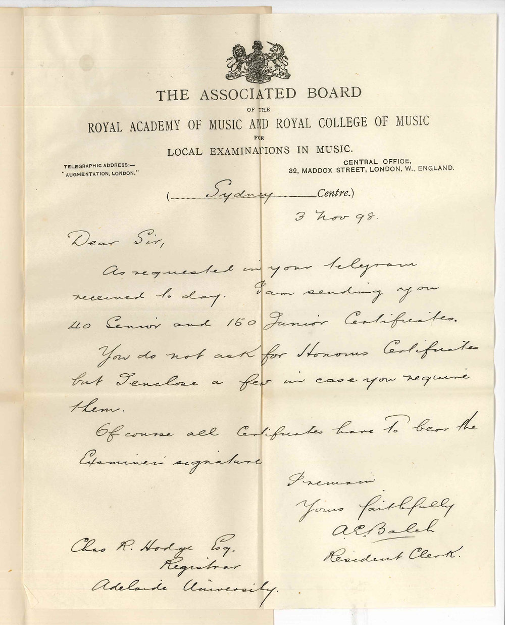 A E Balch - Sydney - Forwarding Associated Board Certificates for Music Exams