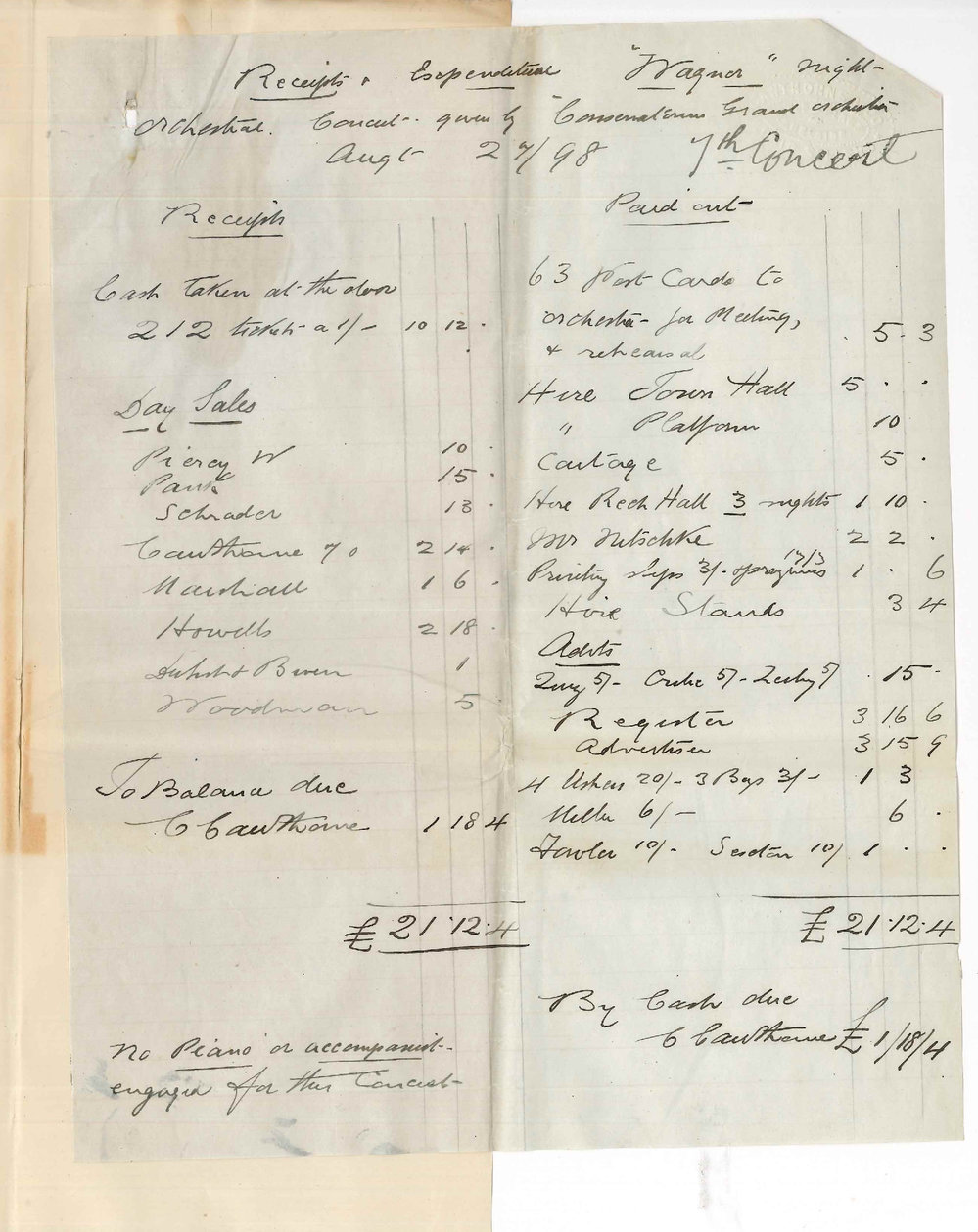 Messrs C Cawthorne and Company - Adelaide - Statement of Accounts for 7th Orchestral Concert
