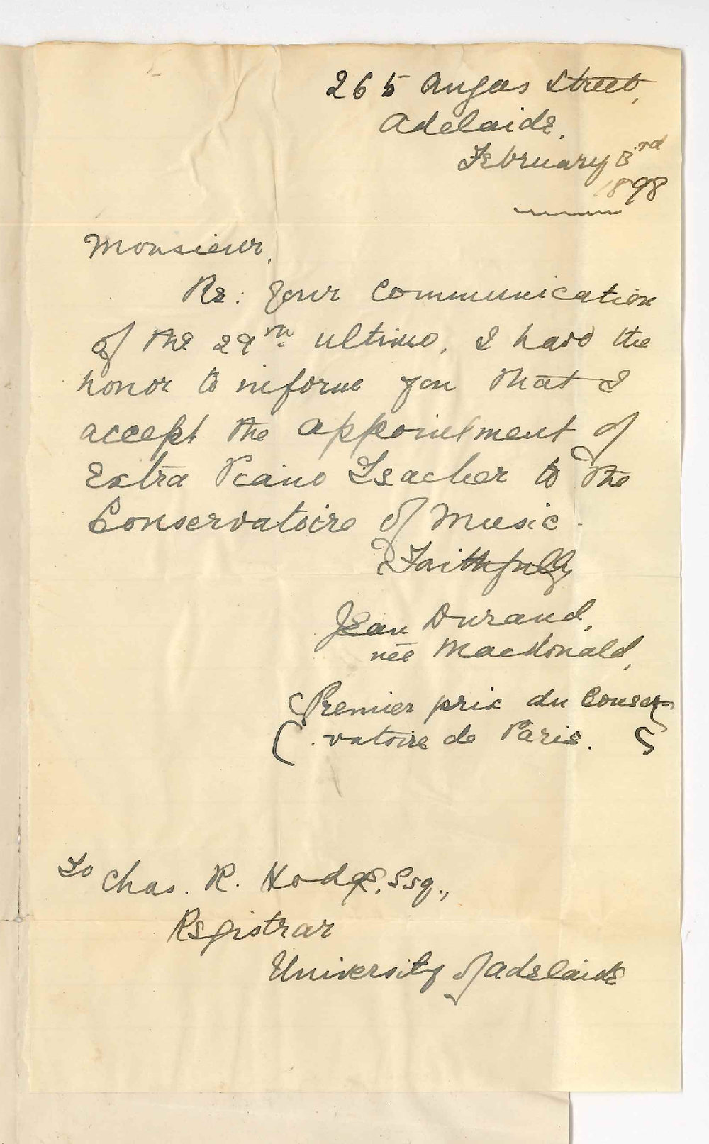 Jean Durand - 265 Angas Street Adelaide - Accepting appointment of Extra Piano Teacher at Conservatorium of Music