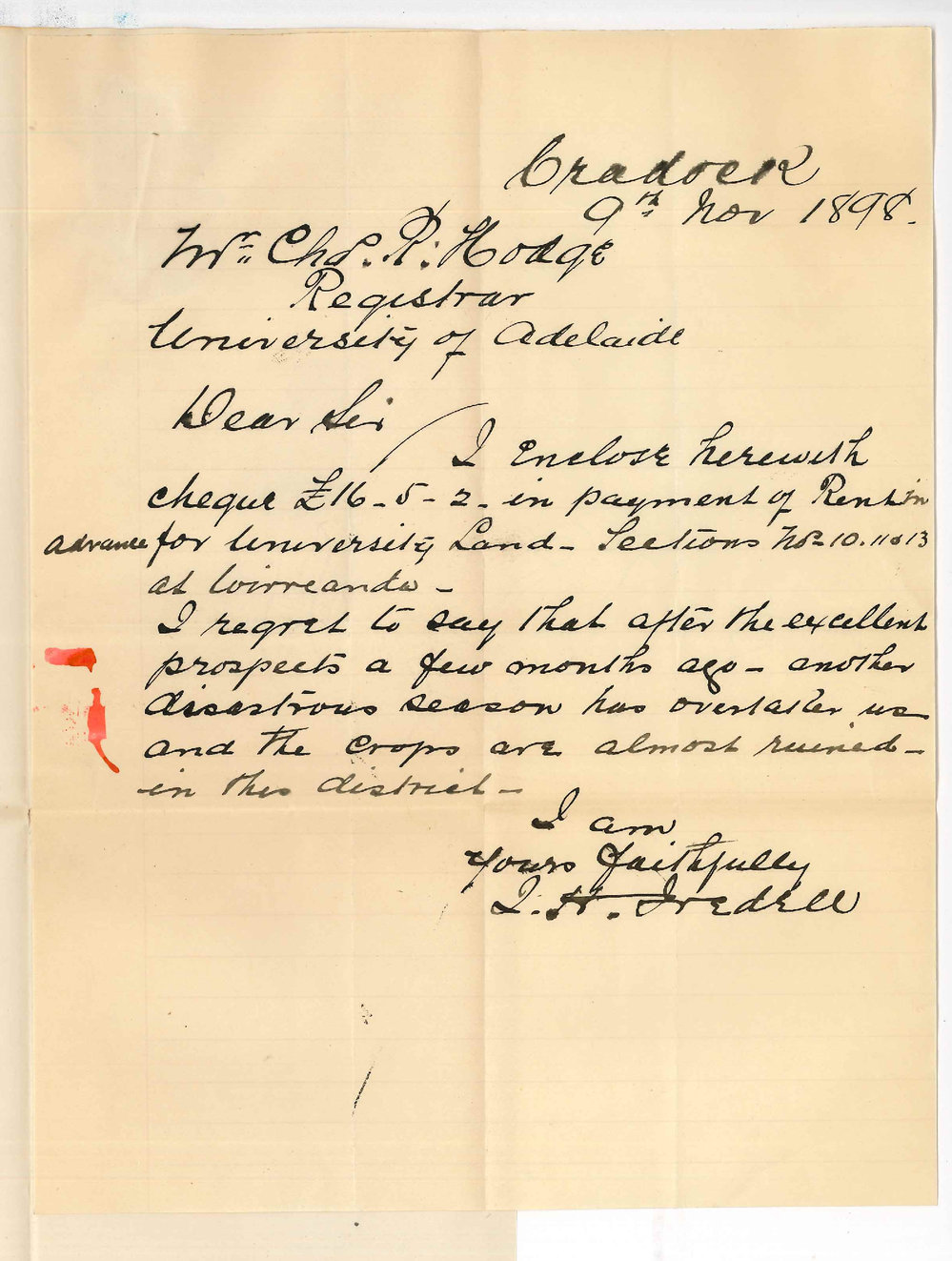 Joseph Hall Iredell - Cradock - Rent for quarter in advance