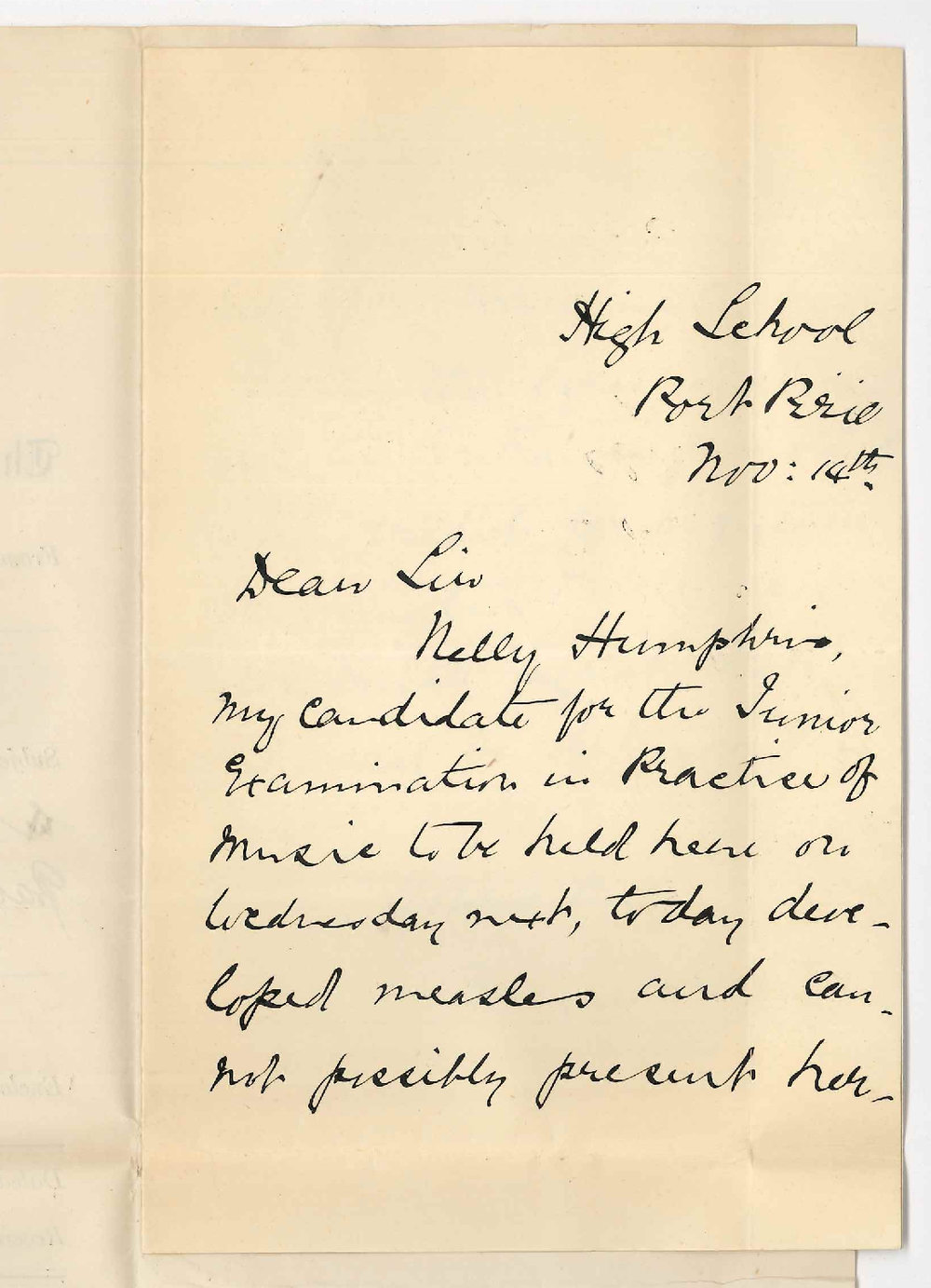 Miss Bessie Scott - Port Pirie - Miss Nelly Humphris unable to present herself at Junior Practice Exam at Port Pirie