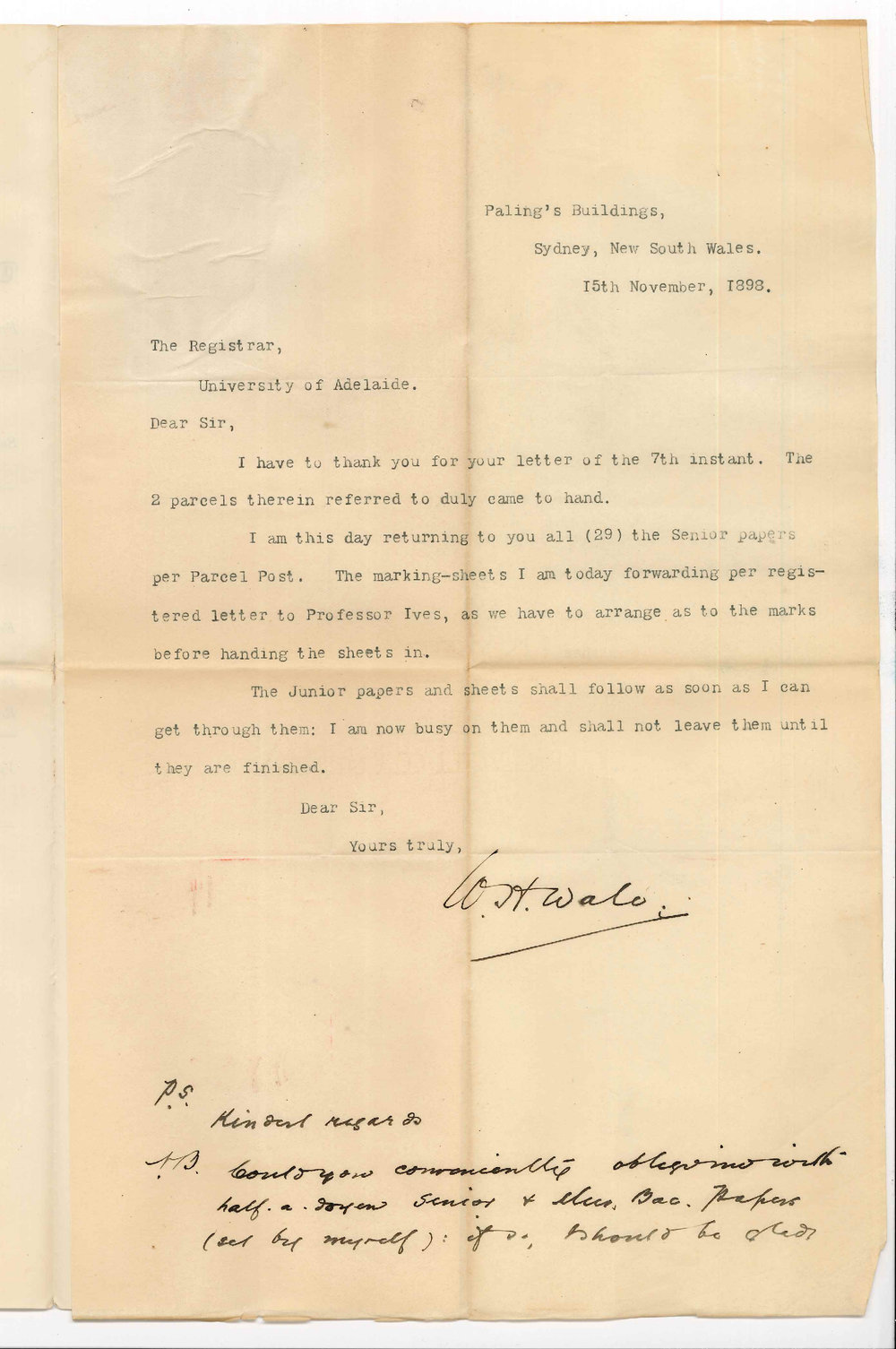 William Henry Wale - Sydney - Music Examinations