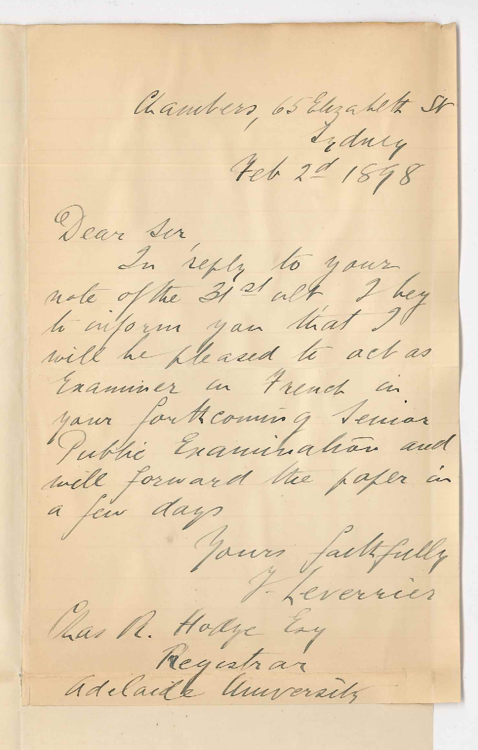 F Leverrier - 65 Elizabeth Street Sydney - Consenting to act as Examiner in French for Senior Public Examination