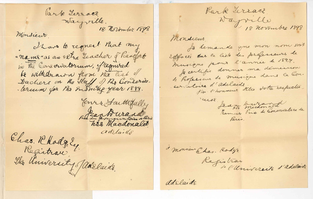 Jean Durand - Wayville - Withdrawing as extra teacher of pianoforte at Conservatorium