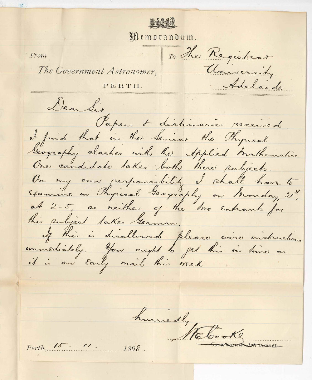 W Ernest Cooke - Government Astronomer - Perth - Junior and senior public examinations in Perth