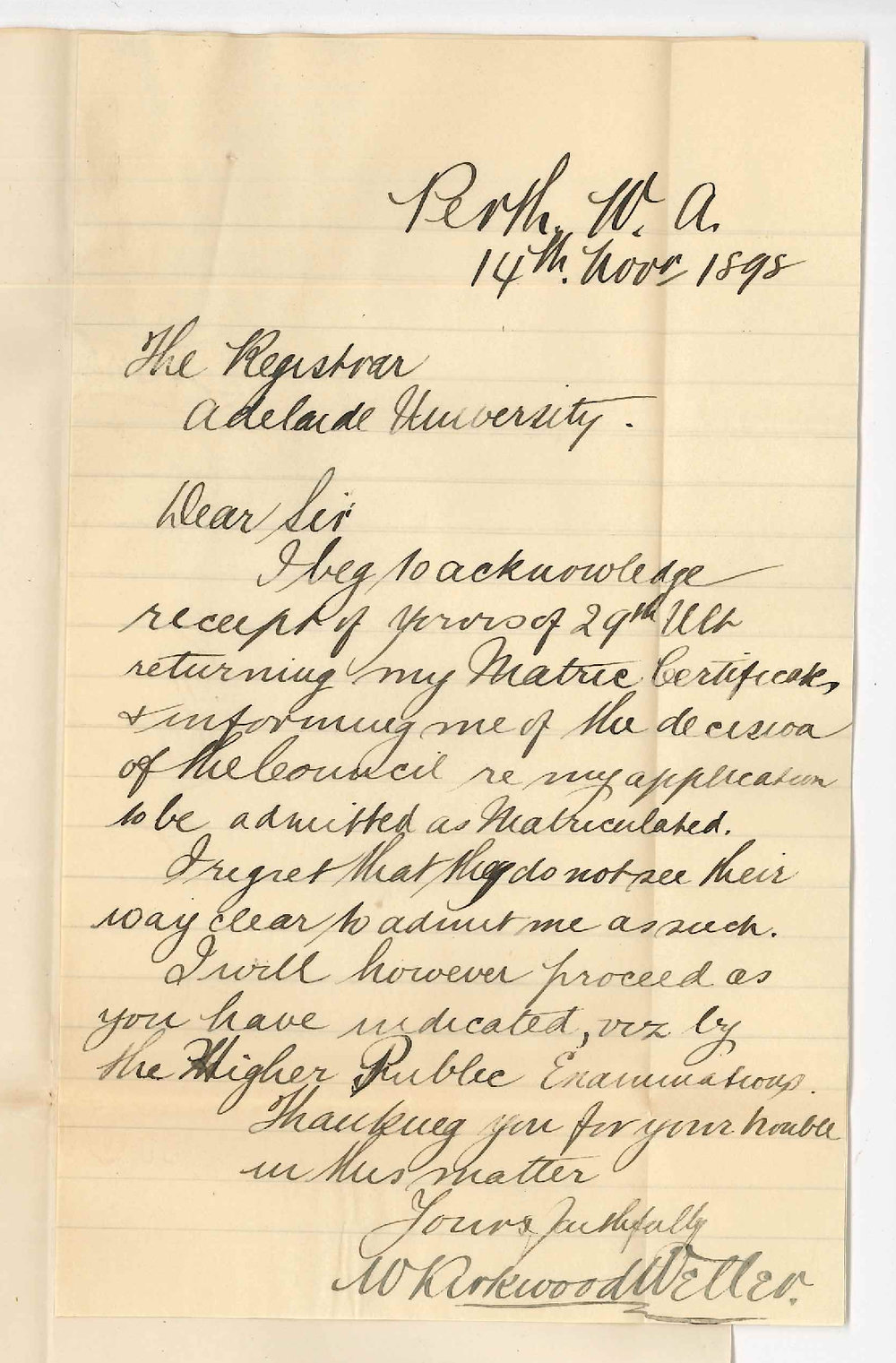 W Kirkwood Weller - Perth WA - Acknowledging receipt of Matric Certificate