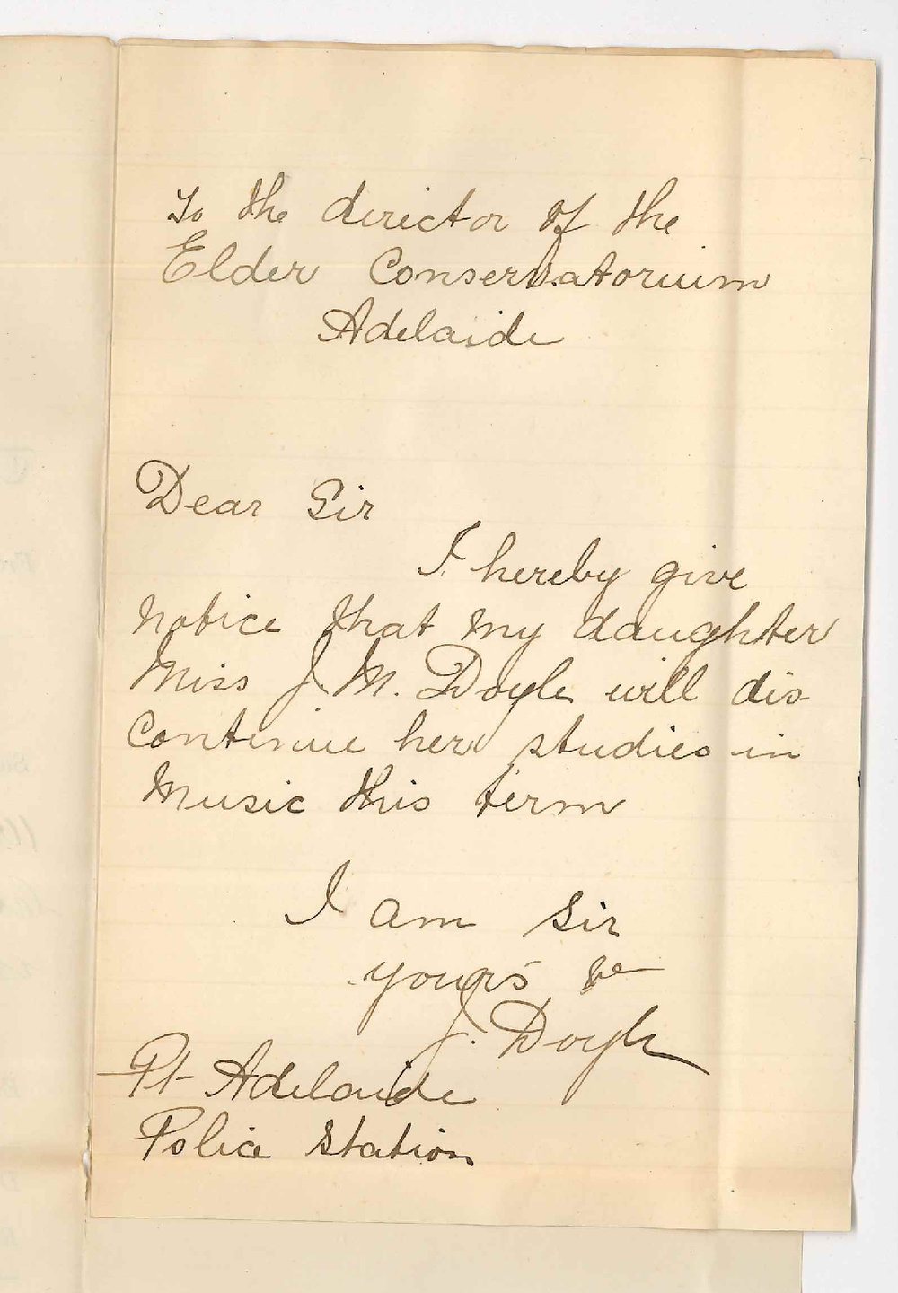 J Doyle - North Adelaide - Miss J M Doyle will not continue lessons at Conservatorium in 1899