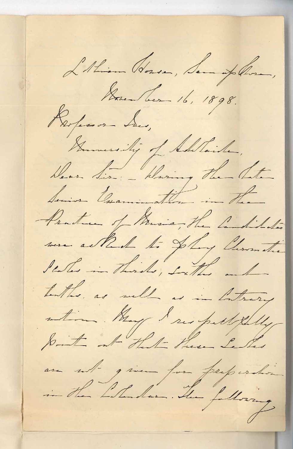 Miss G Stenhouse - Semaphore - To Professor Joshua Ives re Senior Practice of Music Examinations