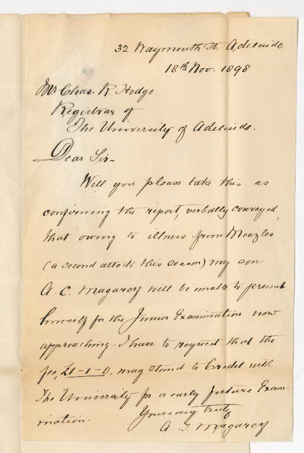 A T Magarey - Adelaide - Son unable to attend Junior Examination