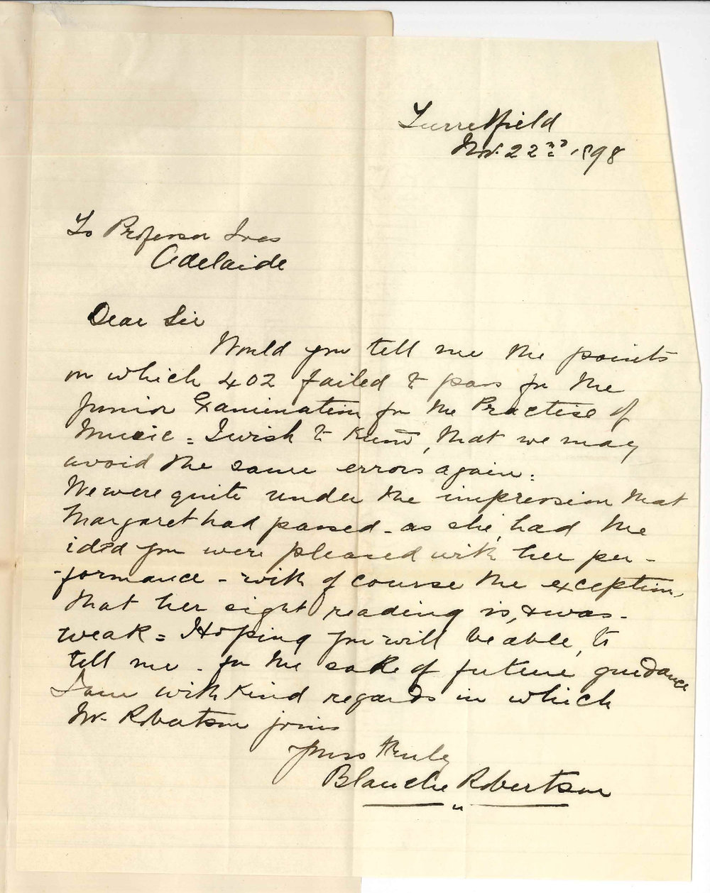 Mrs Blanche Robertson - Turretfield - Concerning failure of Candidate No 402