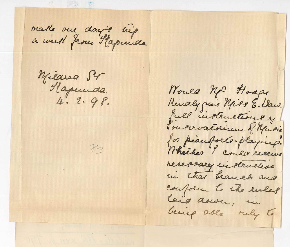 Miss E Daw - Mildred Street Kapunda - Asking for information as to means of studying at Conservatorium of Music
