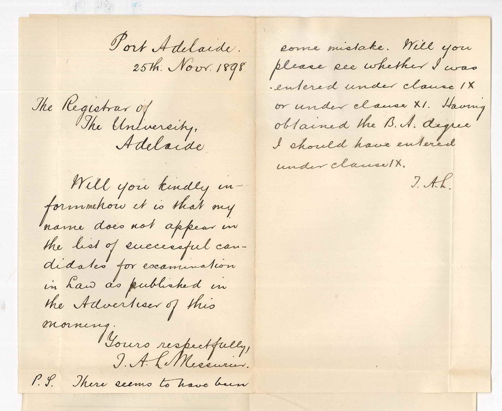 T A Le Messurier - Port Adelaide - Concerning Law Examination